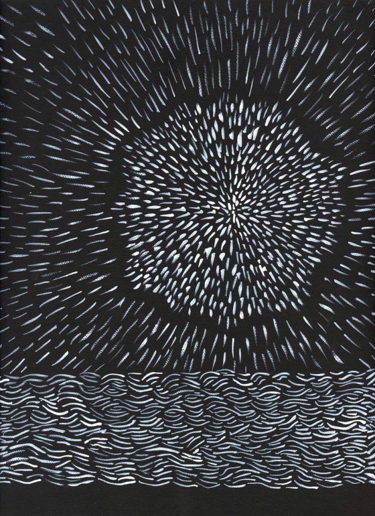 Pamela Markoya White Acrylic Paint on Black Gesso Canvas 12" x 9"