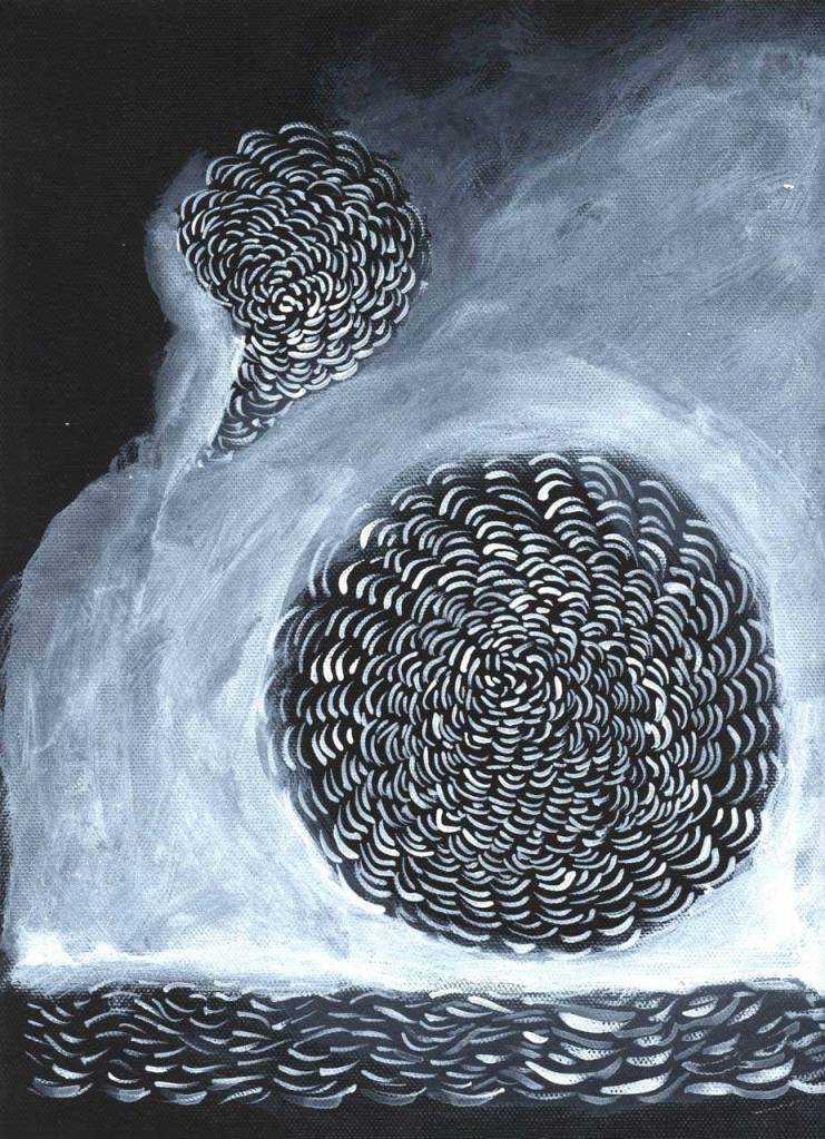 Pamela Markoya White Acrylic Paint on Black Gesso Canvas 12" x 9"